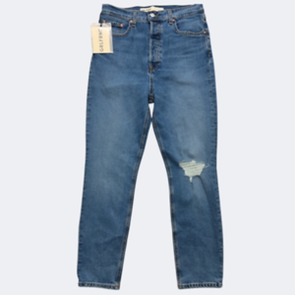 GRLFRND Jean 29 Blue Super Hi Rise Button Fly Slim Crop Stretch Distressed Piper - Picture 1 of 10